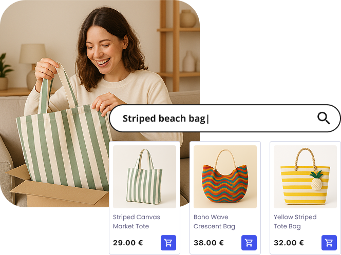 A woman with a bag and a floating search bar with some results