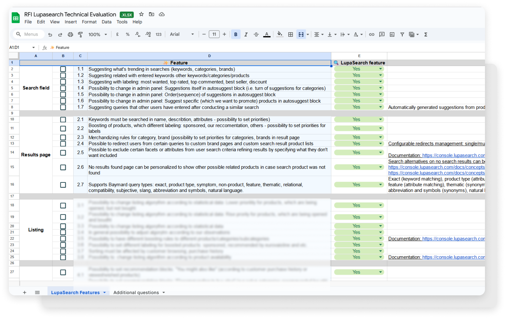 Screenshot of RFI spreadsheet