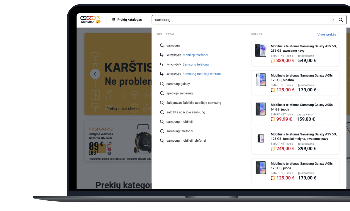 Kesko Senukai Digital site search on laptop screen